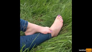 ass and feet tease in jeans and socks outdoors - barefootginny