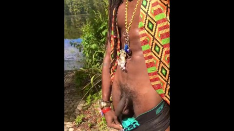 Sagging and Pulling my black uncut dick out at the lake. 