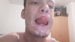 Extremely horny teen gives him self a juicy facial just before bed time