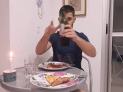 Preview 1 of romantic dinner date - handsome husband cums on pizza -