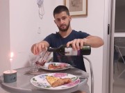 Preview 2 of romantic dinner date - handsome husband cums on pizza -