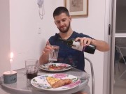 Preview 4 of romantic dinner date - handsome husband cums on pizza -