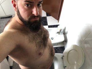 Big bearded Italian daddy bear with very hairy chest pisses a lot after wanking and cumming a lot