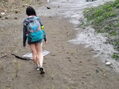 Nerdy School Girl Plays In The Rainy Day Piss Puddles