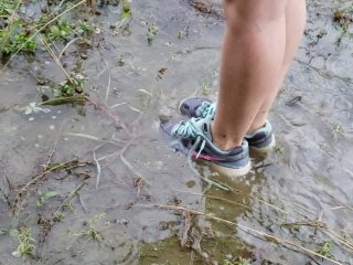 Nerdy School Girl Plays In The RainyDay Piss Puddles