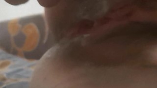 Big horny cock fucking my wet pussy and covering his pre cum on my pussy lips while I rub my clit