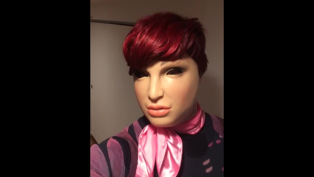 Naughty Nadia trans crossdressing feminization transformation female mask garters high heels.