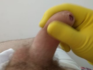 Rubber glove wank and cum