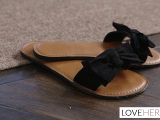 Redhead big titty MILF gives a slippery footjob