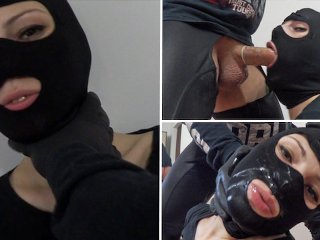 condom blowjob, masked, cum on face, slutwifeclub