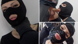 Masked Slut: Sloppy Condom Deepthroat & Facefuck Quickie