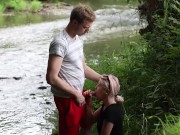 Preview 1 of A slut Girl in Beautiful Nature has her Mouth Full of Sperm and is Happy / free