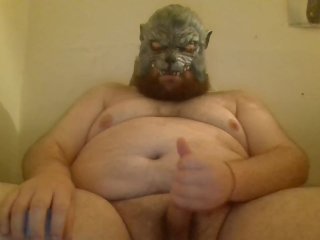 huge cumshot, mask, masturbation, chubby