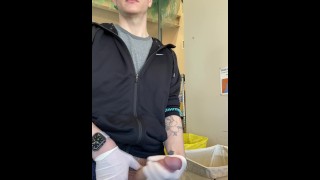 Jerking Off At Work AT THE COUNTER With Risky Cumshot