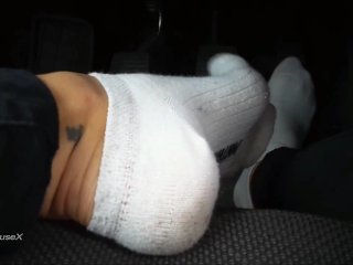 bare feet, car driving feet, white socks, public