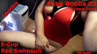 E-Cup Fake Boobs and too small red swimsuit. Shaved legs strapon tits crossdresser. No Audio.