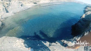 Naked adventures! Underwater sex games on a public beach ends in ruined orgasm.