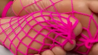 Black Girl in Pink Fishnets takes White Cock & Cumshot on Her Feet 