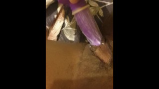 Creamy dildo play while people are home