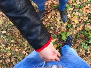 Preview 1 of Caught while Finish me Off! Risky Public Handjob by Cute Teen in Forest