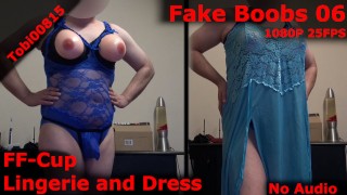 Peitos Falsos 6: Copo FF em lingerie sem seios e vestido longo. Strapon Tits