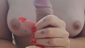 Girlfriend with beautiful tits strokes a big dick in the morning - Cum on her tits