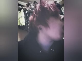 Cute ALT FTM in Thigh Highs Rides and Sucks Dildos