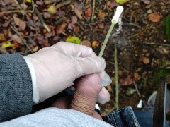 Autumn outdoor self catheter insertion, pee in forest
