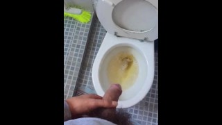 Straight guy peeing in the morning with middle erection.