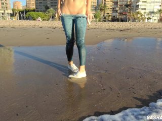 Wet Shoot on a Public Beach with Crazy Model. Risky Outdoor Masturbation. FootFetish. Pee inJeans