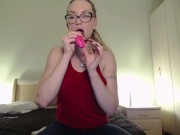Preview 1 of blow to pop small pink balloon.mp4
