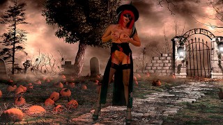Halloween Striptease! Sexy witch plays with wet pussy