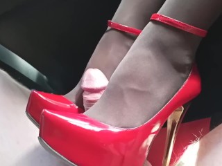 Red High Heels and Pantyhose Shoejob