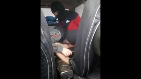 Russian guy in a mask gives in her mouth in the car outside the city, gay Amateur slave and master