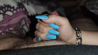 Handjob With Long Blue Nails Thick Cum