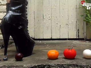 femdom, boot stomp, vegetable crush, fruit squeeze
