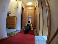 Doll dress up with gas mask with skinny jeans and high heels