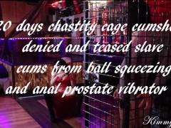 Video Chastity cage slave balls full to the limit 20 days denial cum fountain in cock cage cum torture
