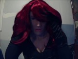 Tight Playmate Pt3! Putting on my new red wig! on my female mask Playmate ;3