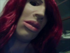 Tight Playmate Pt3! Putting on my new red wig! on my female mask Playmate ;3