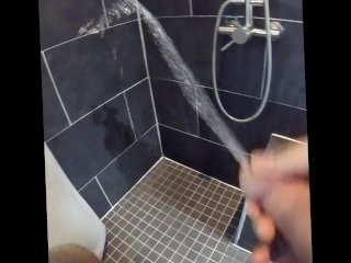 shower, solo male, standing, squirting