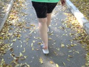 Preview 2 of BBW in flip flops walks along the sidewalk while a voyeur peeps on her feet Public foot fetish