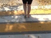 Preview 3 of BBW in flip flops walks along the sidewalk while a voyeur peeps on her feet Public foot fetish