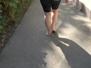 Preview 5 of BBW in flip flops walks along the sidewalk while a voyeur peeps on her feet Public foot fetish