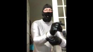 Wearing women large latex gloves, gagged and handcuffed myself (escaped 18 mins)