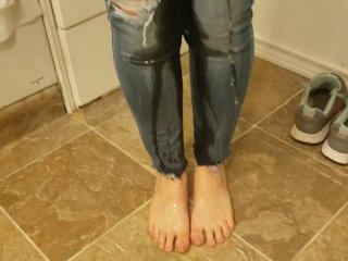 shoes, sockless shoeplay, nerdy girl glasses, jeans piss