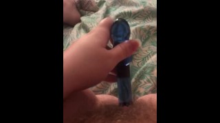 FTM fucks himself deep with blue dildo while his t cock bounces 