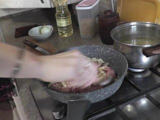 Naked Cooking with MILF. Under skirtwithout panties. Stockings. Hairypussy. Ass. Tits. Nipples