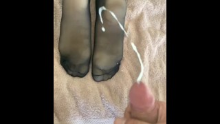 Cumming onto nylon feet...