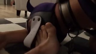 pup slave lick master's feet and suck his cock